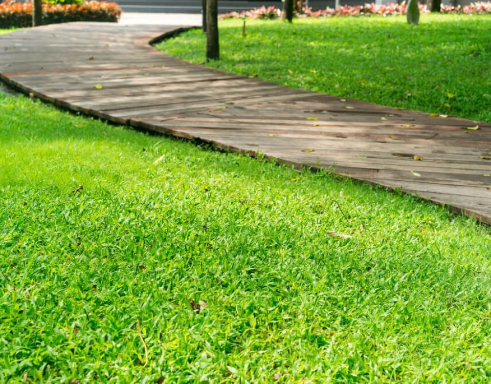A gently winding wooden boardwalk curves through a well-maintained green lawn in a park-like setting. The path is bordered by lush grass, with a few trees and colorful flower beds visible in the background.