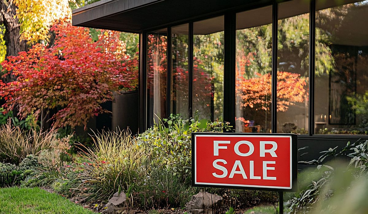 A modern home with large floor-to-ceiling windows is surrounded by lush landscaping and colorful autumn foliage.