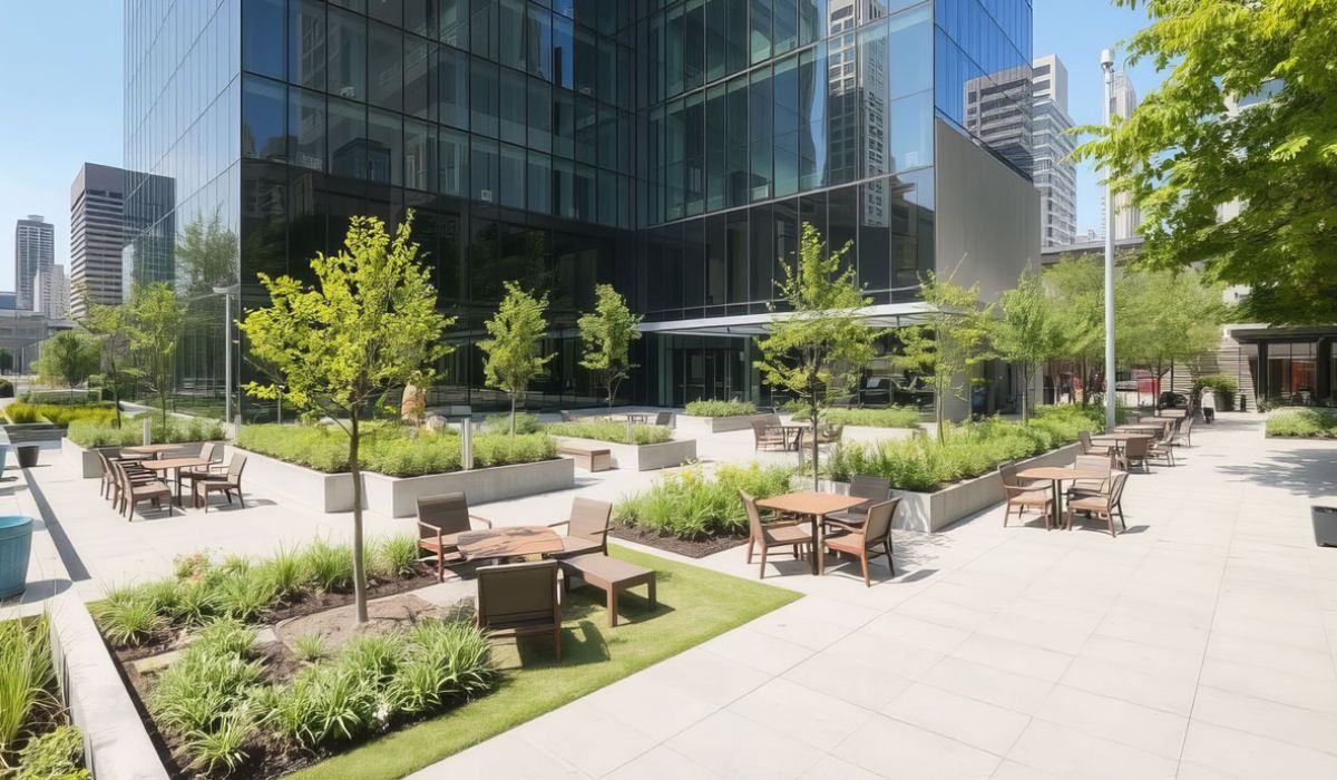 A well-maintained residential backyard featuring a green lawn, paved patio, and outdoor dining set with woven chairs and a closed umbrella.