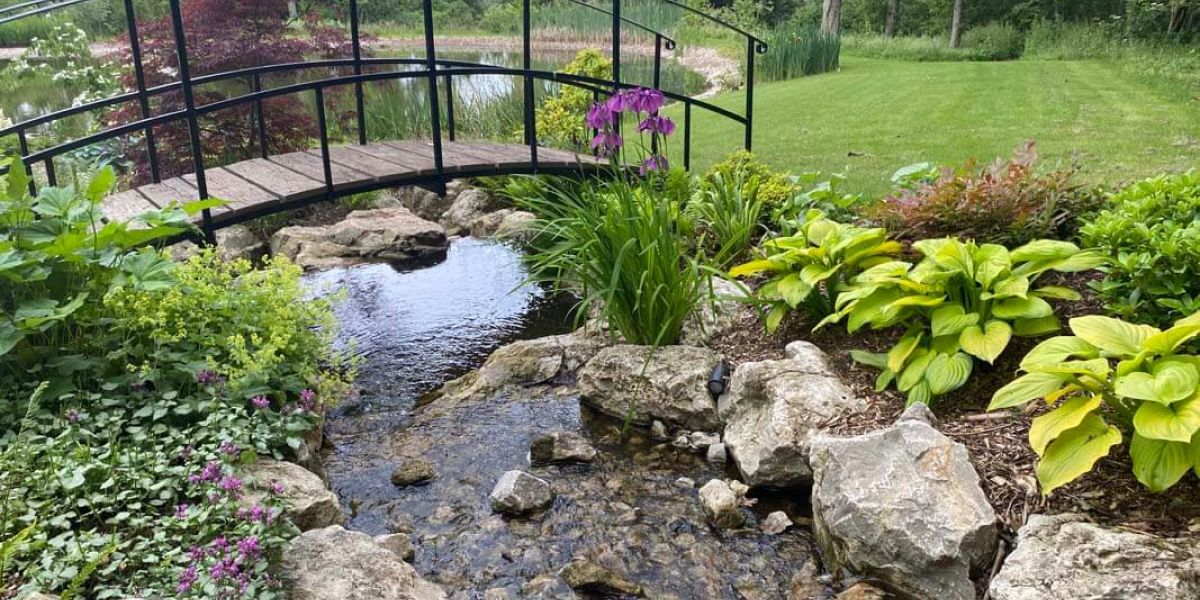 Naturalistic garden with a clear stream flowing over rocks beneath a black arched footbridge. Lush green planting, hostas, flowering perennials, and a large lawn create a tranquil park-like setting.