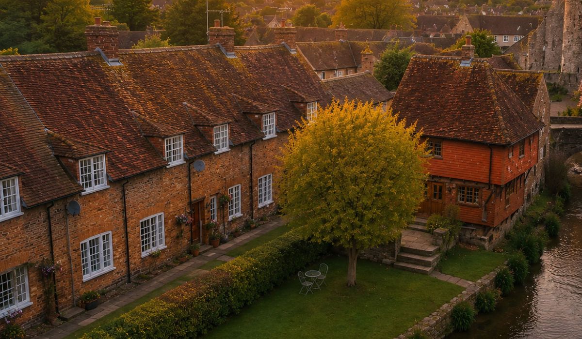 A picturesque village at sunset with a narrow stream flowing between stone cottages and a timber-framed building.